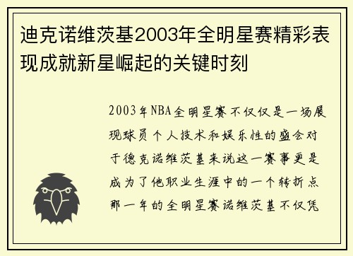 迪克诺维茨基2003年全明星赛精彩表现成就新星崛起的关键时刻