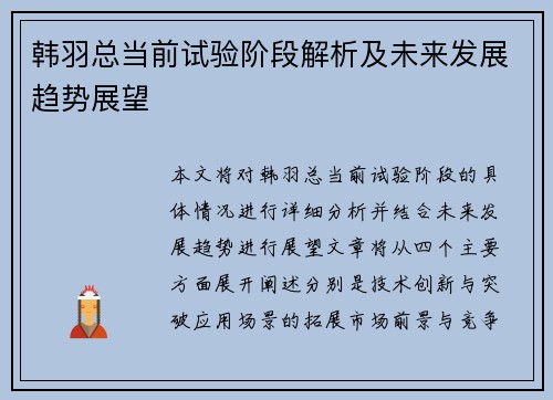 韩羽总当前试验阶段解析及未来发展趋势展望
