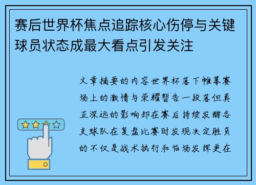 赛后世界杯焦点追踪核心伤停与关键球员状态成最大看点引发关注