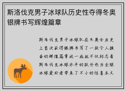 斯洛伐克男子冰球队历史性夺得冬奥银牌书写辉煌篇章